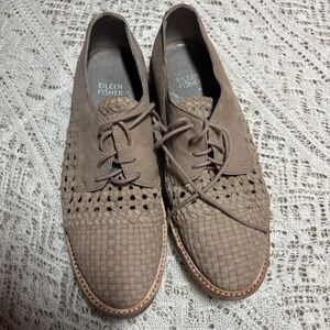 Eileen Fisher Leather Woven Mesh Oxford Brown Platform Lug Sole Shoe US 7.5